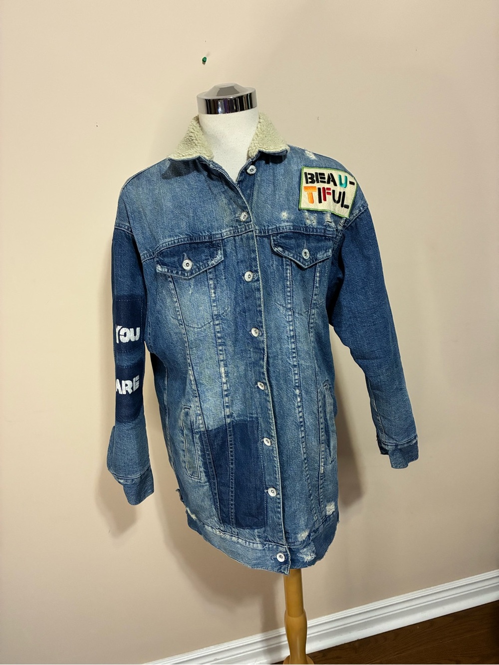 Zara Denimwear Faux Sherpa Collar and Lined Jacket - “No Meaning” Embroidery